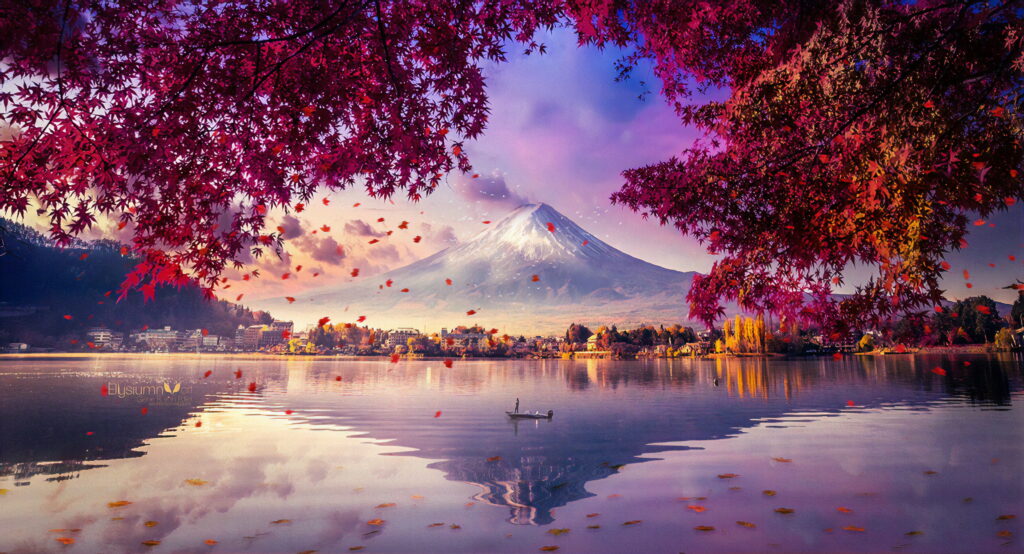 Snow-capped Mount Fuji reflected in lake with red maple leaves and lone boat in autumn Wallpaper