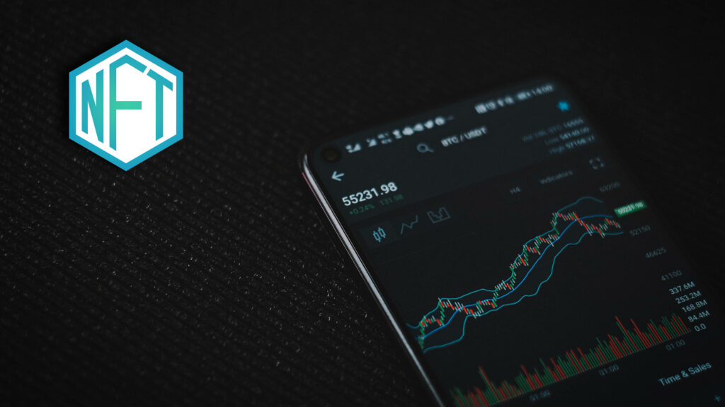 Smartphone displaying digital stock market chart with NFT logo blending crypto trading concepts Wallpaper