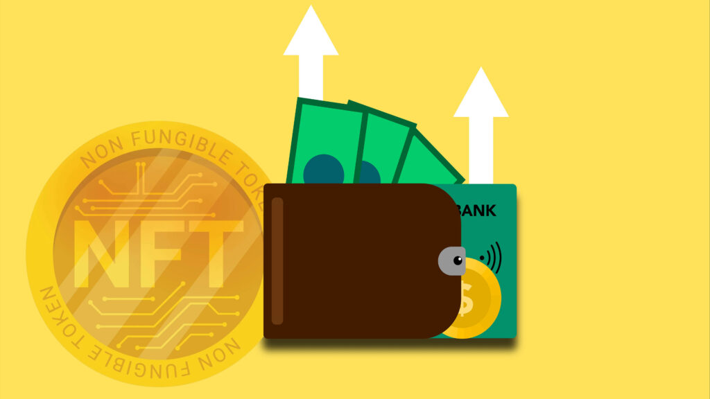 Digital wallet with cash bank card coin and NFT emblem showcasing crypto and NFT finance Wallpaper