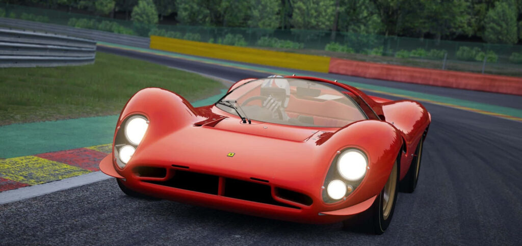 Revving Up Emotions: Stunning Digital Wallpaper Showcasing the Iconic Red Ferrari 330 P from Assetto Corsa Gameplay