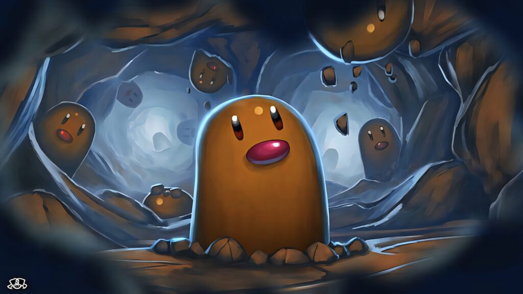 Digletts emerging in a mysterious dimly lit cave with cool blue and brown tones wallpaper background