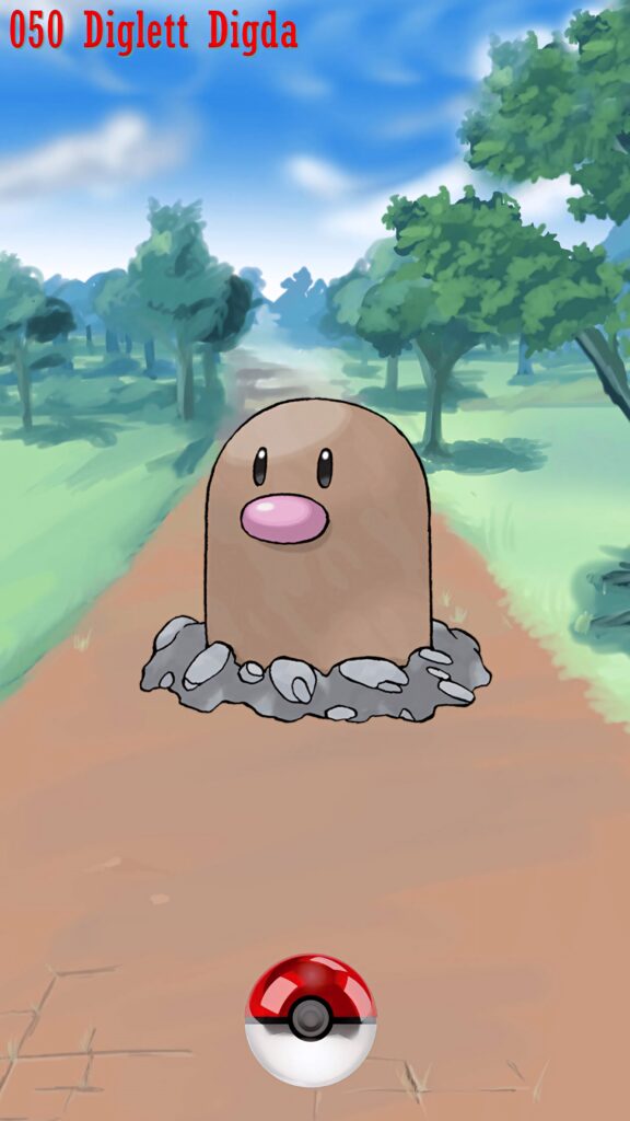 Diglett emerging from ground on sunlit forest path with lush grass and tall trees wallpaper