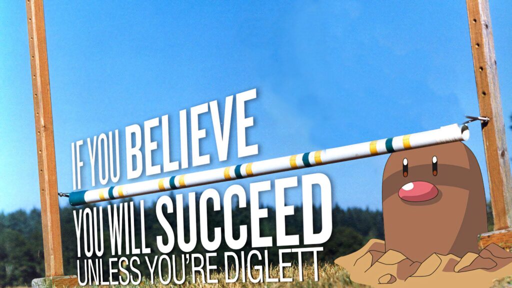Diglett Pokémon peeking by high jump bar with funny motivational quote bright sky wallpaper