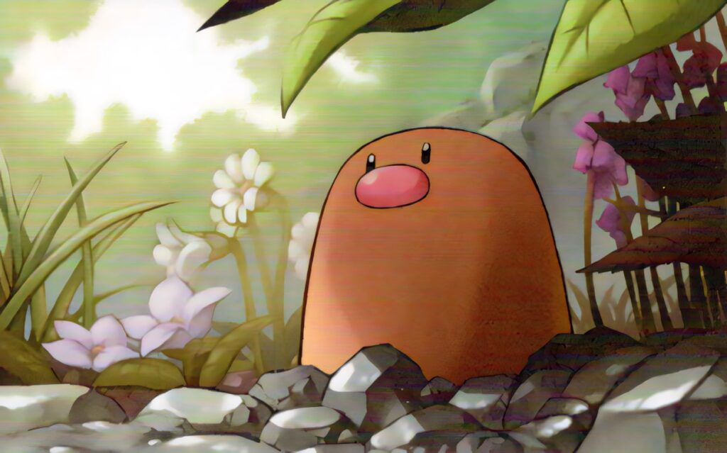 Diglett pokémon emerging from earth surrounded by forest flowers lush greenery hand-painted art Wallpaper