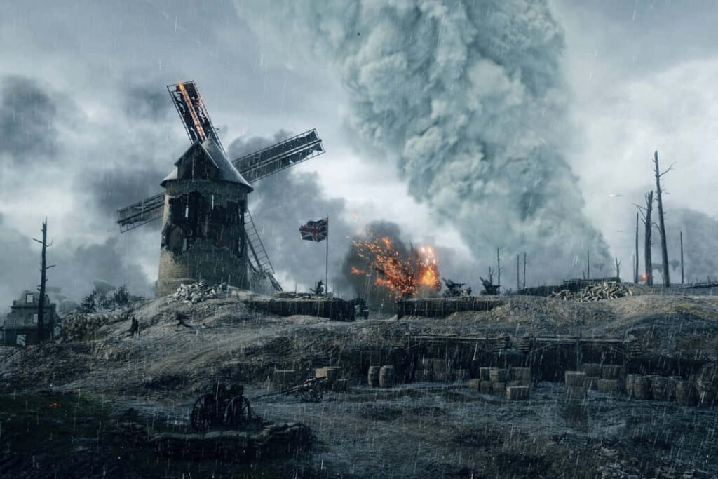Battlefield 1 Old Windmill War Scene with Explosions and Union Jack Flag Wallpaper