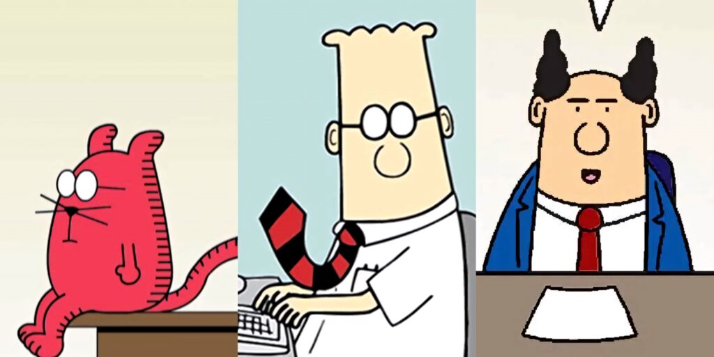 Dilbert Catbert and PHB colorful cartoon wallpaper showcasing quirky office humor characters