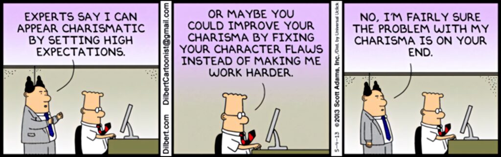 Dilbert Charisma comic wallpaper showing office scene with Dilbert and boss in bold cartoon style