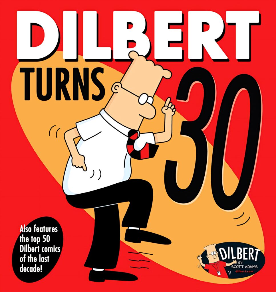 Dilbert 30th Anniversary poster wallpaper with dancing Dilbert on red yellow cartoon background