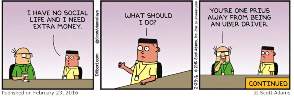 Dilbert comic strip with office characters discussing Uber driving financial struggles in colorful style Wallpaper