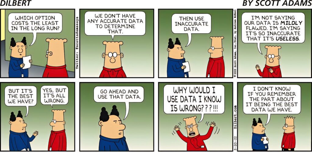 Dilbert comic office scene debating data reliability with bold lines and muted colors wallpaper