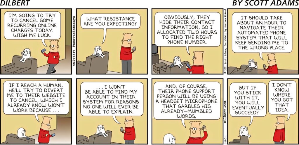 Dilbert and Dogbert comic strip on canceling recurring online charges corporate frustration wallpaper