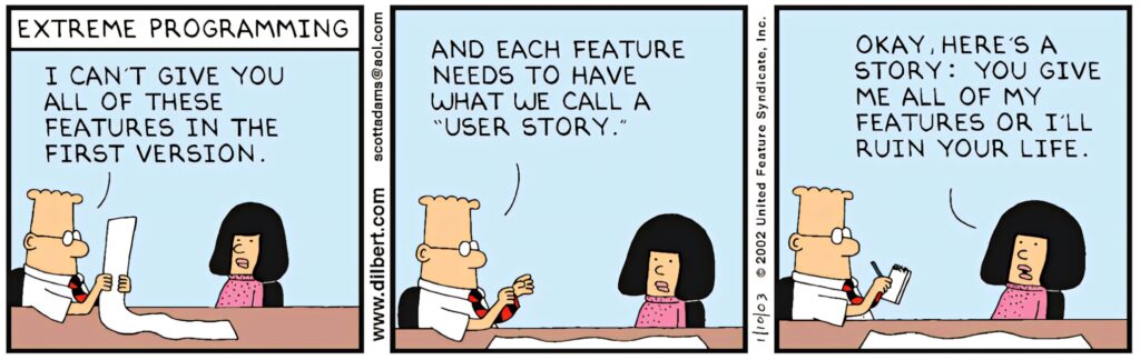 Dilbert comic wallpaper showing software discussions on extreme programming and tech culture humor