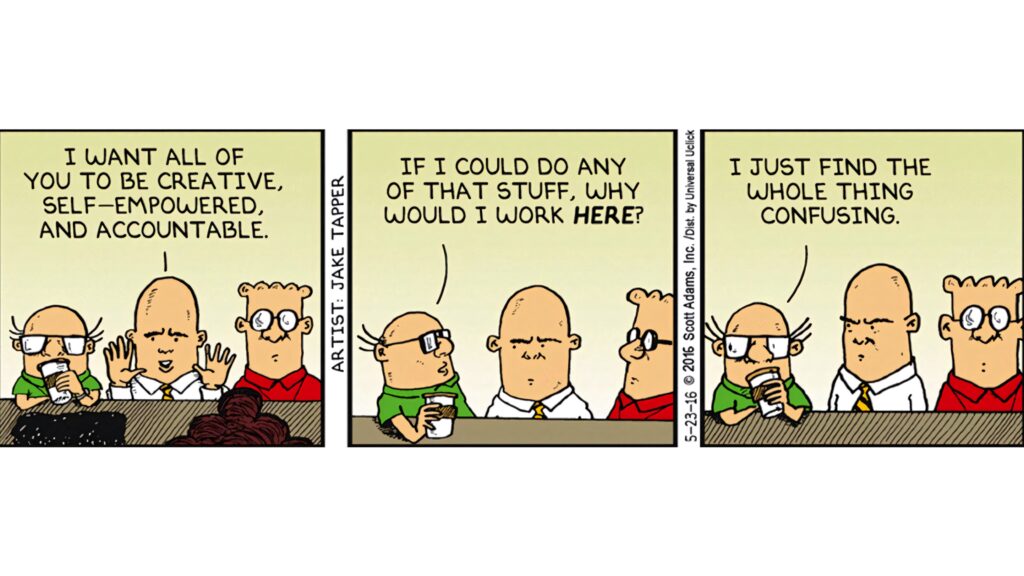 Dilbert comic wallpaper showing office workers discussing morale with satirical corporate humor