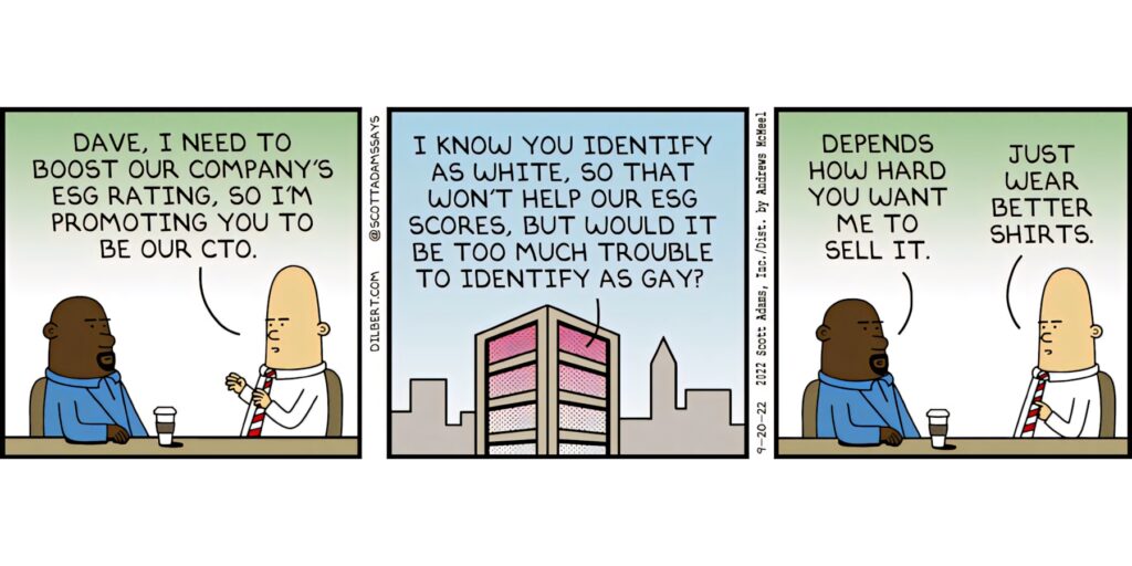 Dilbert comic wallpaper satirizing ESG ratings and workplace diversity with pastel backgrounds