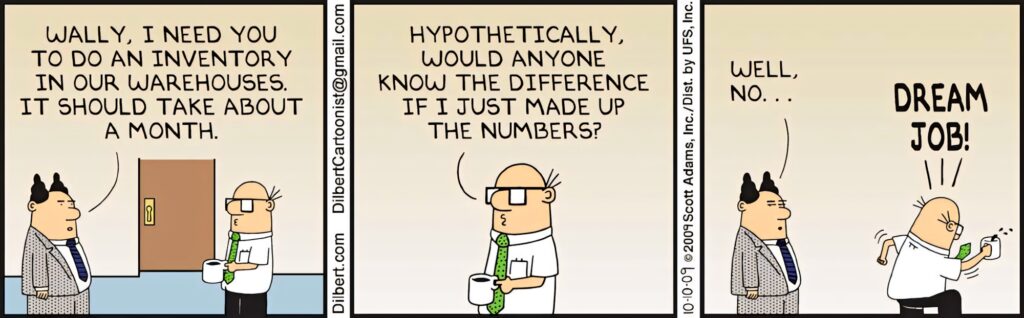 Dilbert and Wally discussing inventory task in office satirical corporate humor wallpaper background