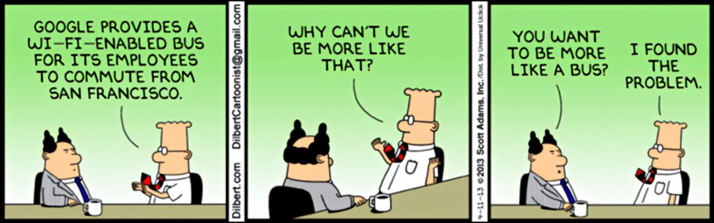 Dilbert comic wallpaper showing office humor with Dilbert and boss discussing Google bus service