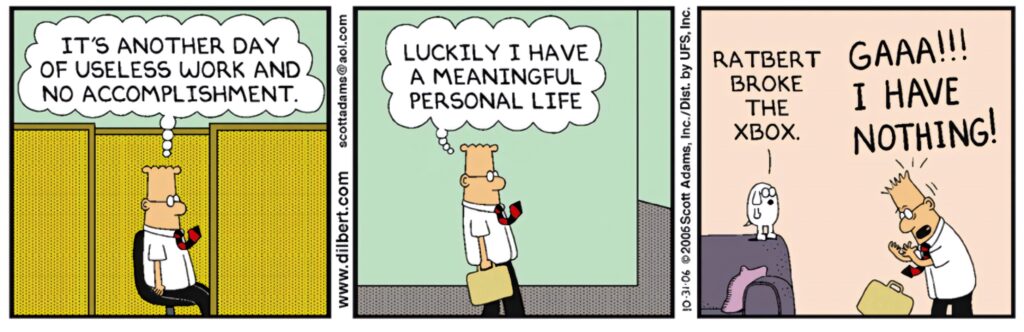 Dilbert comic wallpaper showing office work frustration and personal life struggles in bold style