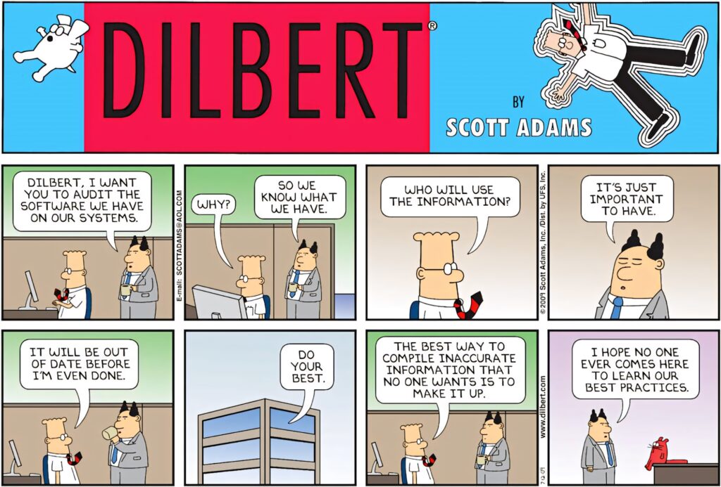 Dilbert comic wallpaper with office satire showing Dilbert and boss on pointless software audits