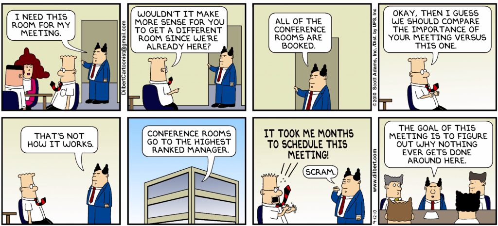 Dilbert comic wallpaper showing office scheduling struggles with conference room booking humor
