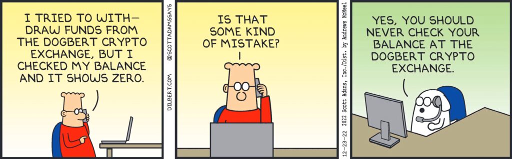 Dilbert comic wallpaper with Dogbert humor on crypto zero balance in minimalist office style