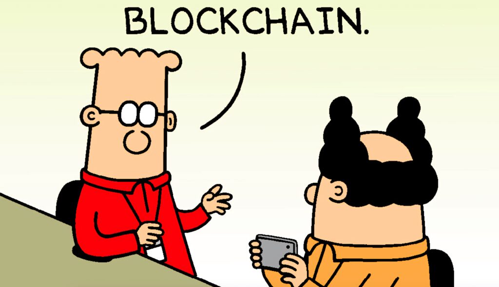 Dilbert explaining blockchain to Pointy-haired Boss in pastel comic style office wallpaper background