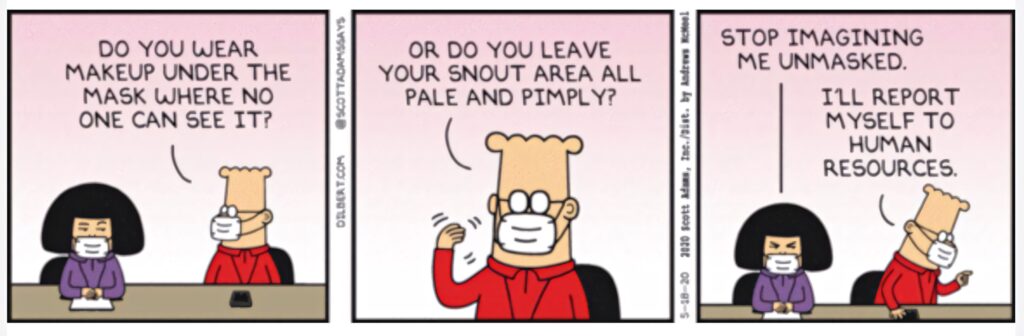 Dilbert comic wallpaper showing masked coworkers discussing makeup and mask etiquette in office