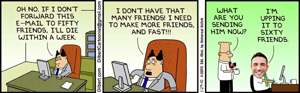 Dilbert comic wallpaper showing office humor with Dilbert reacting to a viral chain email