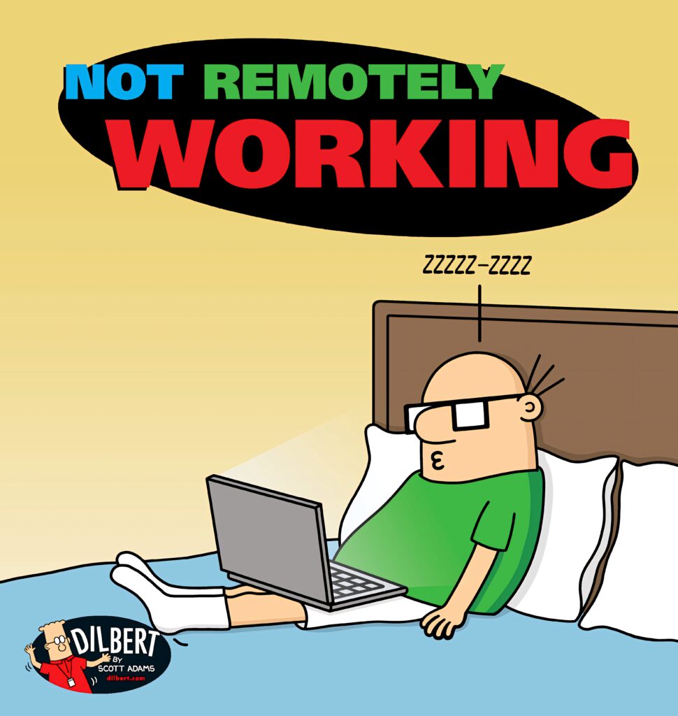 Dilbert asleep in bed with laptop remote work comic wallpaper Not Remotely Working humor cartoon