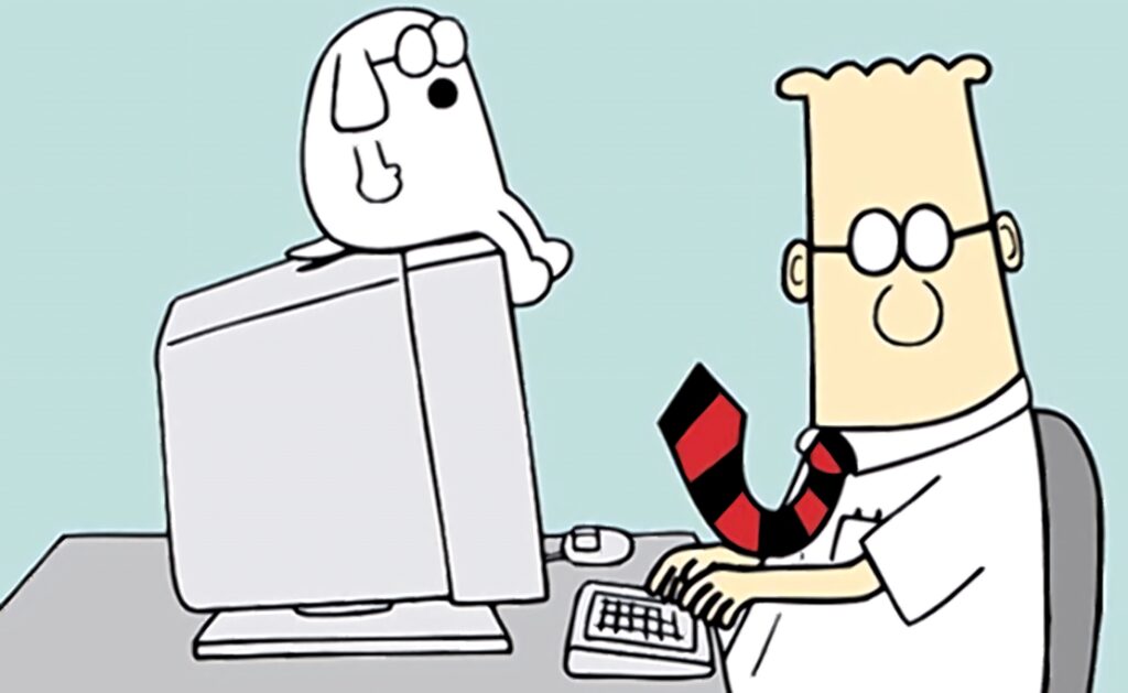 Dilbert typing at computer with red striped tie Dogbert sits on monitor minimalist office wallpaper