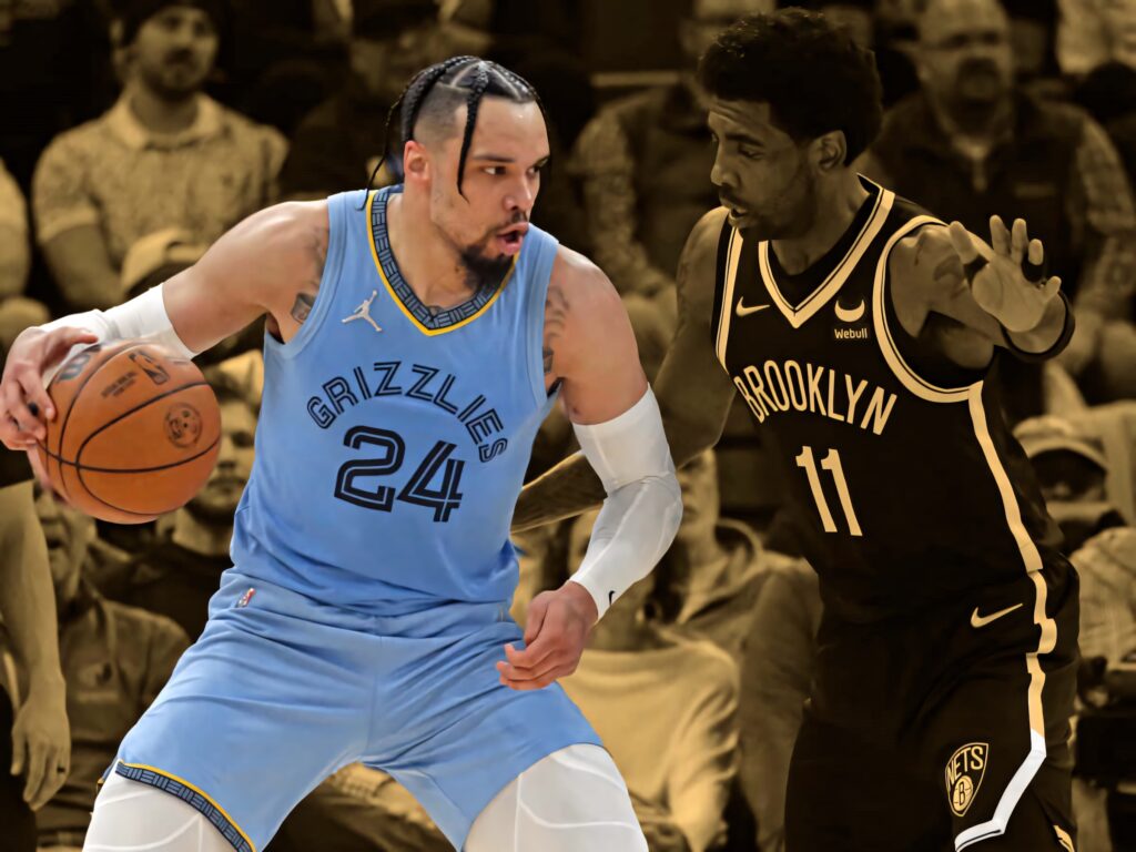 Dillon Brooks Memphis Grizzlies blue jersey dribbles guarded by Kyrie Irving Brooklyn Nets intense game Wallpaper
