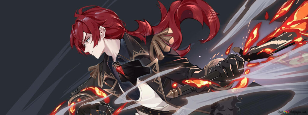 Diluc from Genshin Impact anime style wielding fiery sword with glowing flames on dark background Wallpaper