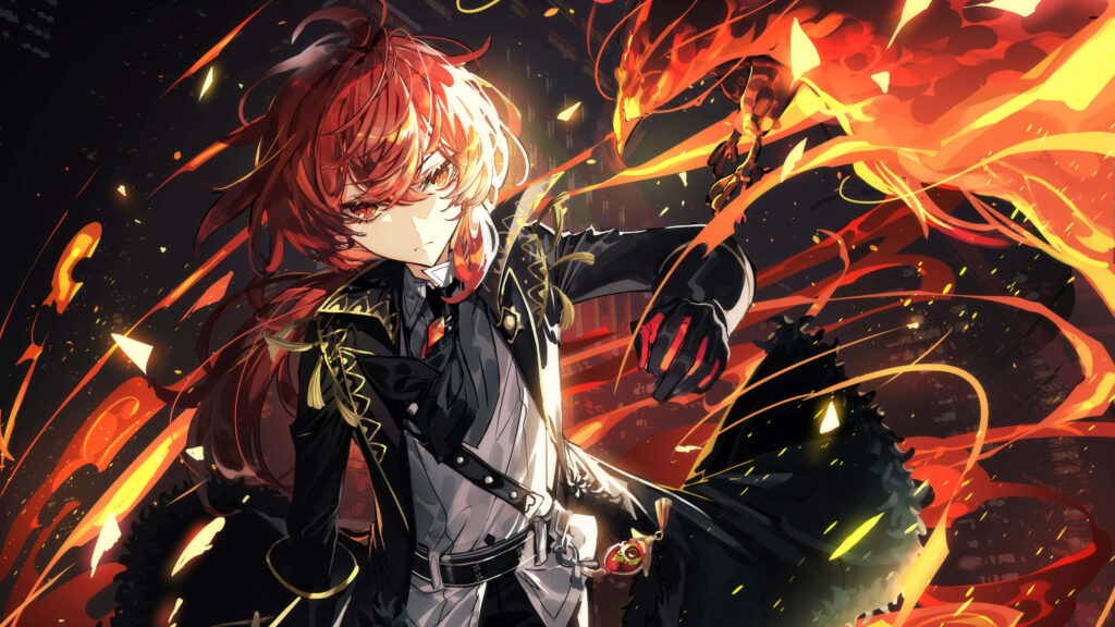 Diluc from Genshin Impact with fiery flames red hair intense gaze and black outfit wallpaper background