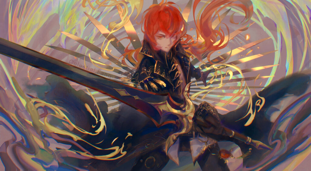 Diluc from Genshin Impact in fiery black armor with swirling golden orange lights fantasy wallpaper