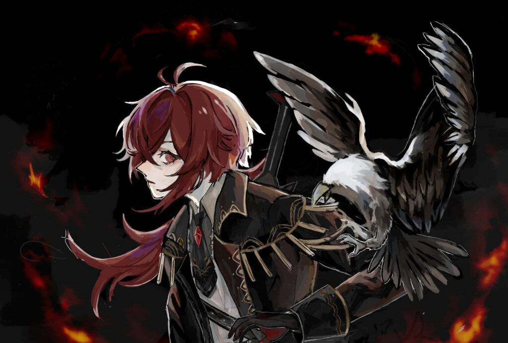 Diluc from Genshin Impact with red hair and hawk in fiery dramatic morning light wallpaper background