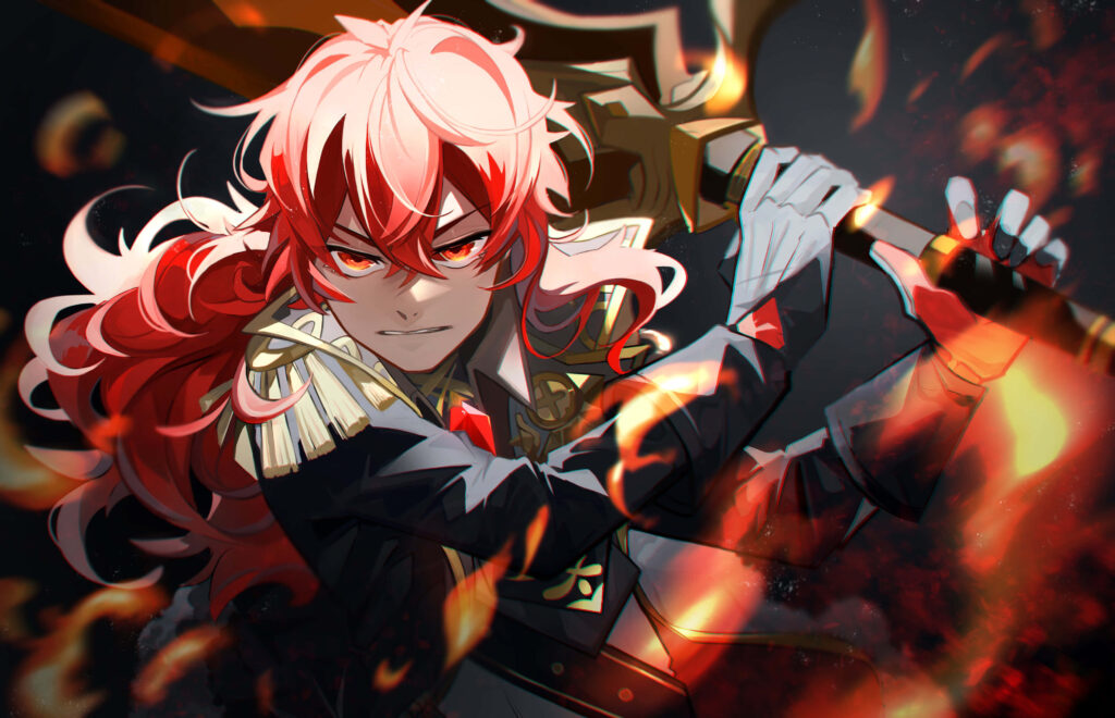 Diluc from Genshin Impact with fiery red hair wielding sword amid swirling flames and embers wallpaper
