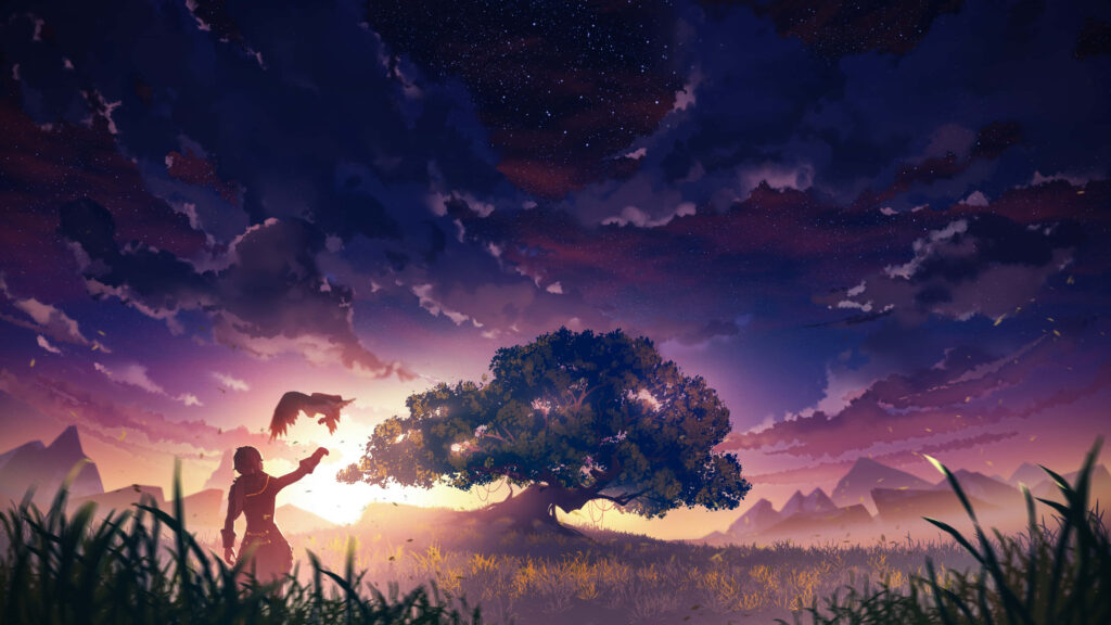 Diluc from Genshin Impact under dark sky reaching out by glowing ancient tree fantasy wallpaper background