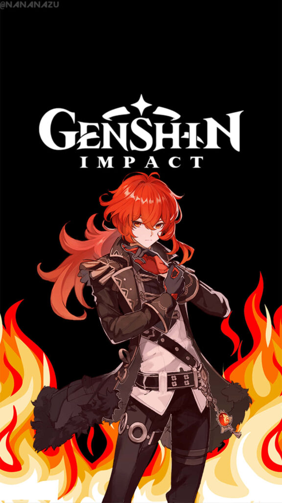 Diluc from Genshin Impact with fiery red hair and flames on black background dynamic wallpaper