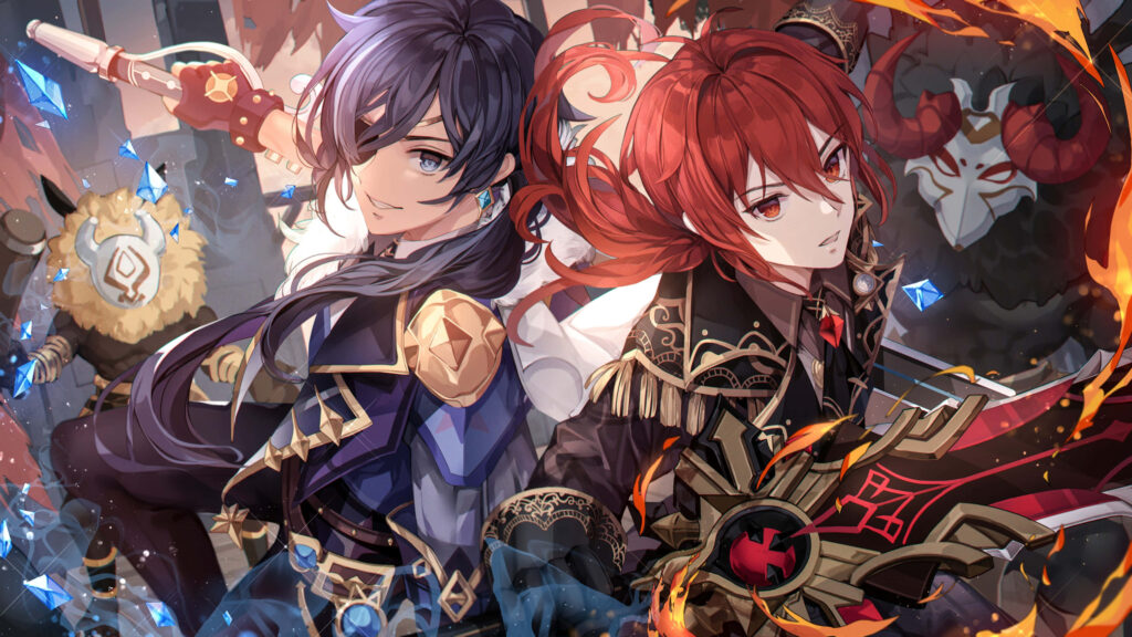 Diluc and Kaeya Genshin Impact back to back fiery and icy glowing effects vibrant anime wallpaper