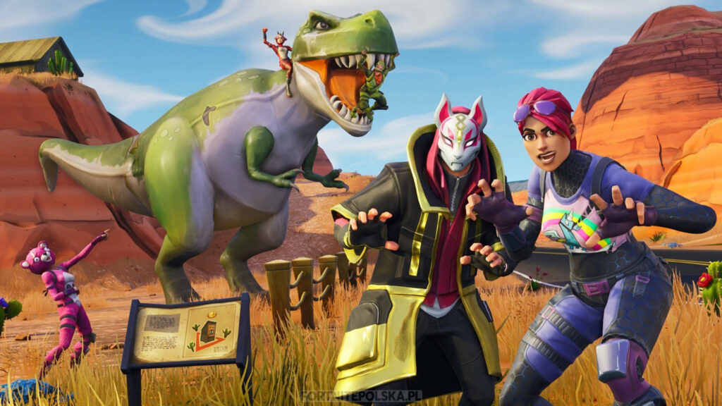 Diverse Outfits of Fortnite Battle Royale Characters Strike a Pose with Desert Dinosaur Wallpaper