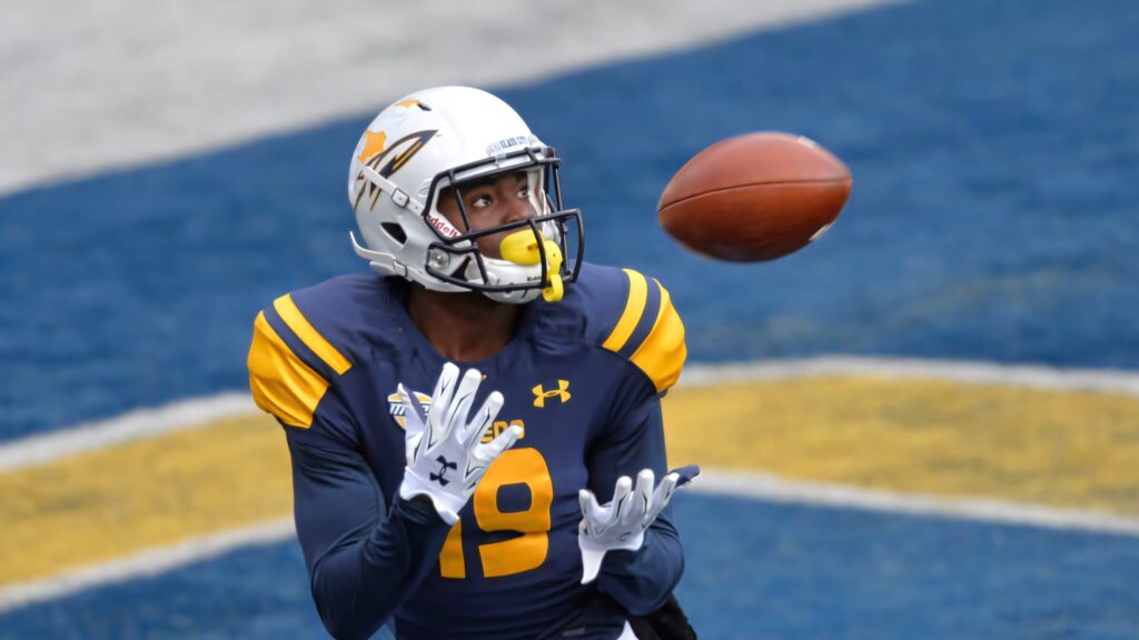 Diontae Johnson rookie NFL player intensely catching football in navy blue and gold uniform Wallpaper