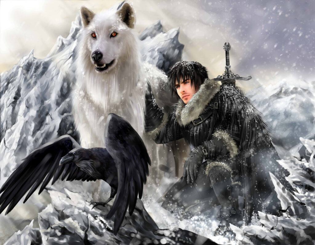 Dire Wolf and Warrior in Snowy Wilderness: Survival and Companionship Wallpaper