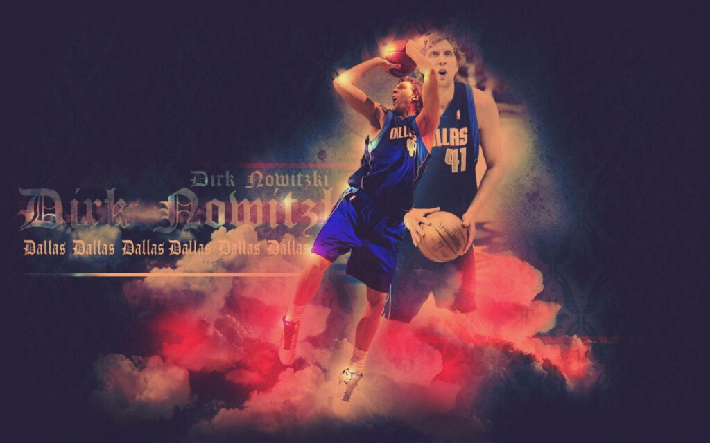 Dirk Nowitzki dynamic basketball wallpaper with vibrant blues pinks Dallas background lighting