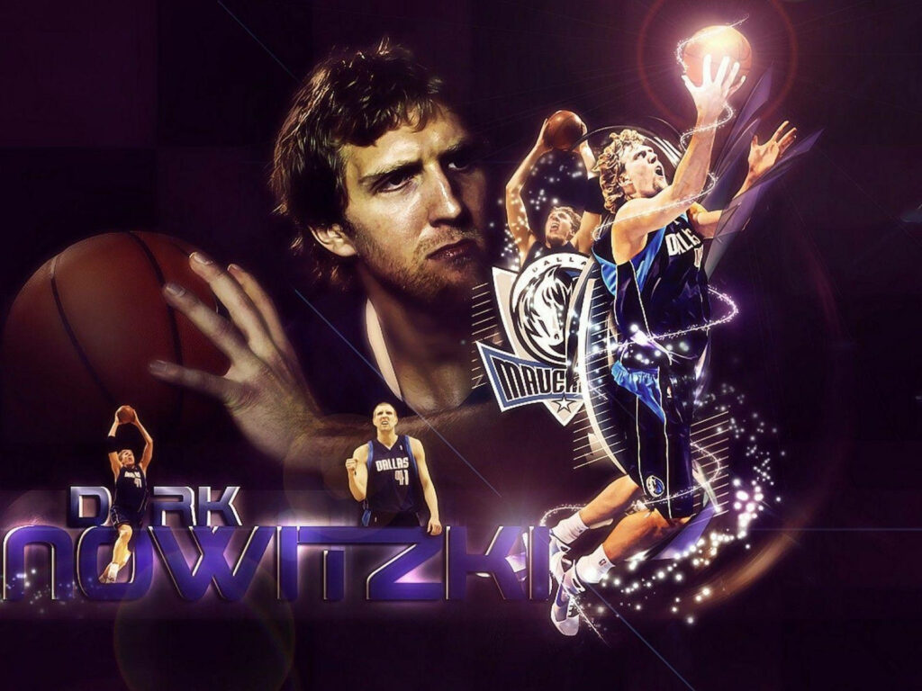 Dirk Nowitzki Dallas Mavericks fan art wallpaper dynamic action poses glowing effects basketball legend