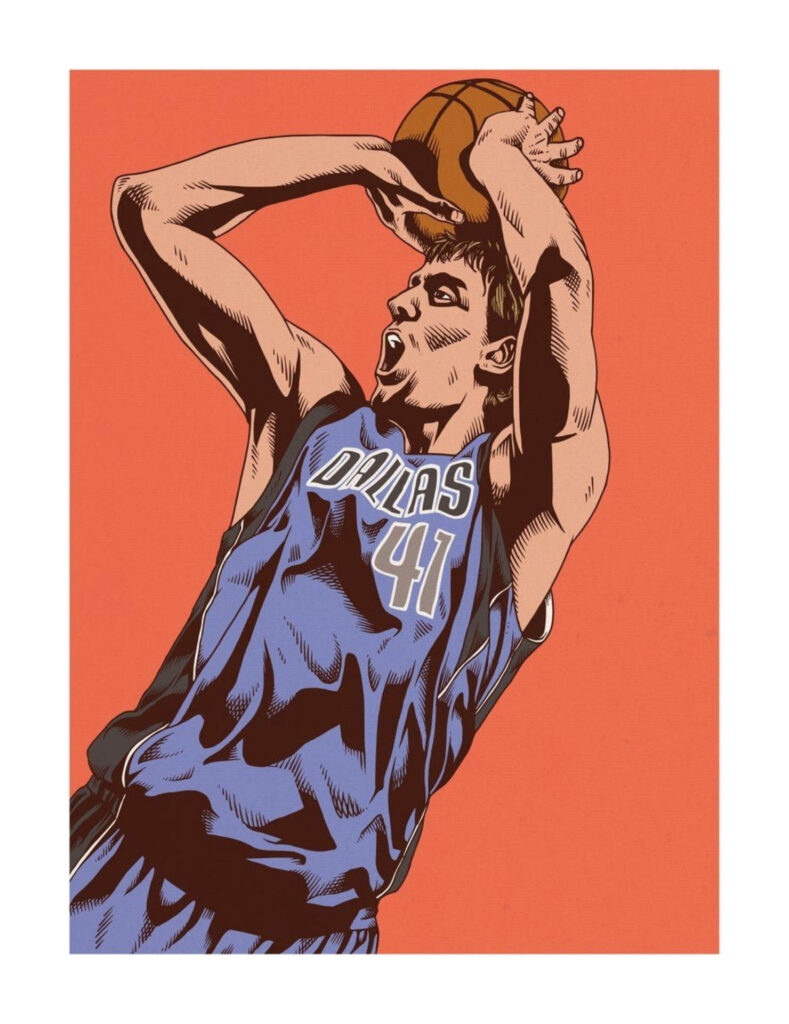 Dirk Nowitzki fadeaway shot illustration bold lines warm colors Dallas Mavericks wallpaper