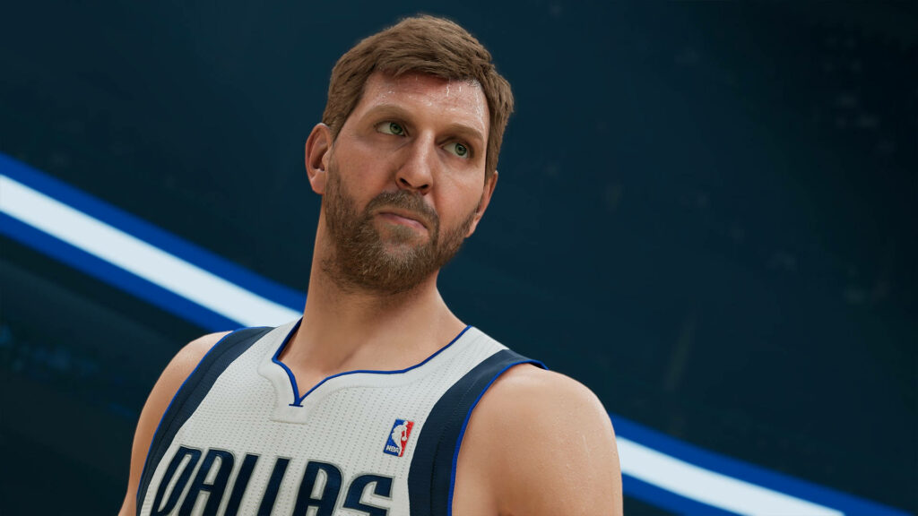 Dirk Nowitzki NBA 2K22 wallpaper in Dallas Mavericks jersey with dynamic blue stadium lighting