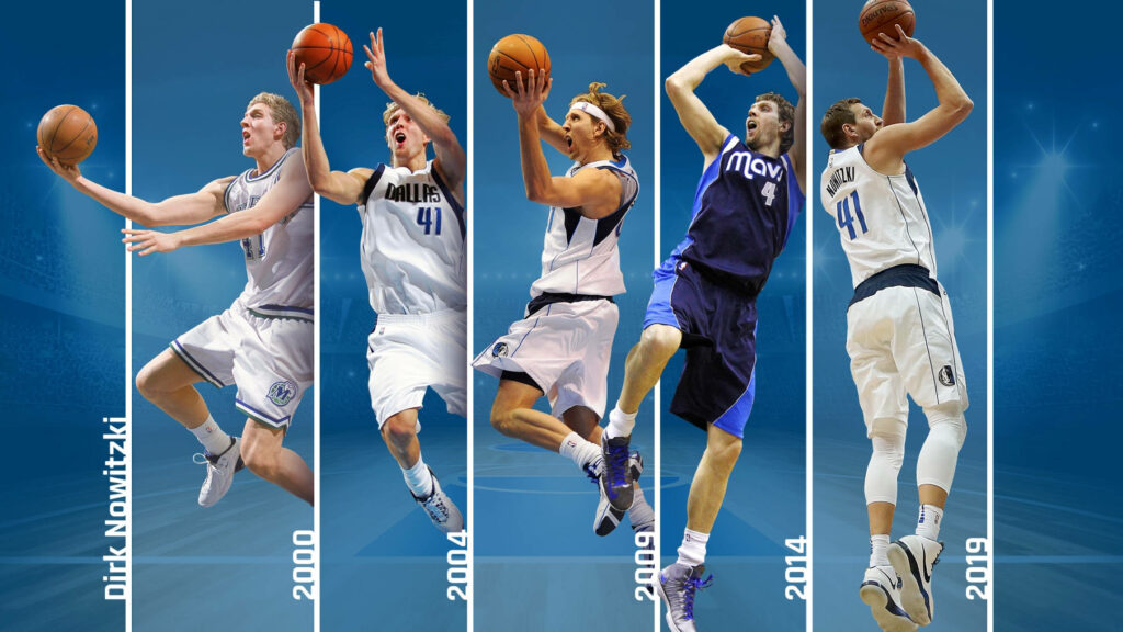 Dirk Nowitzki collage wallpaper showing his career evolution in Dallas Mavericks uniforms 2000-2019