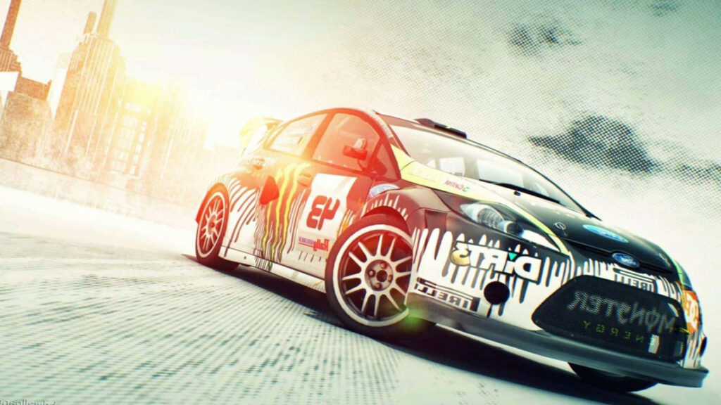 Dirt 3 Rally Car Powersliding Through Urban Setting in Action-Packed Image Wallpaper