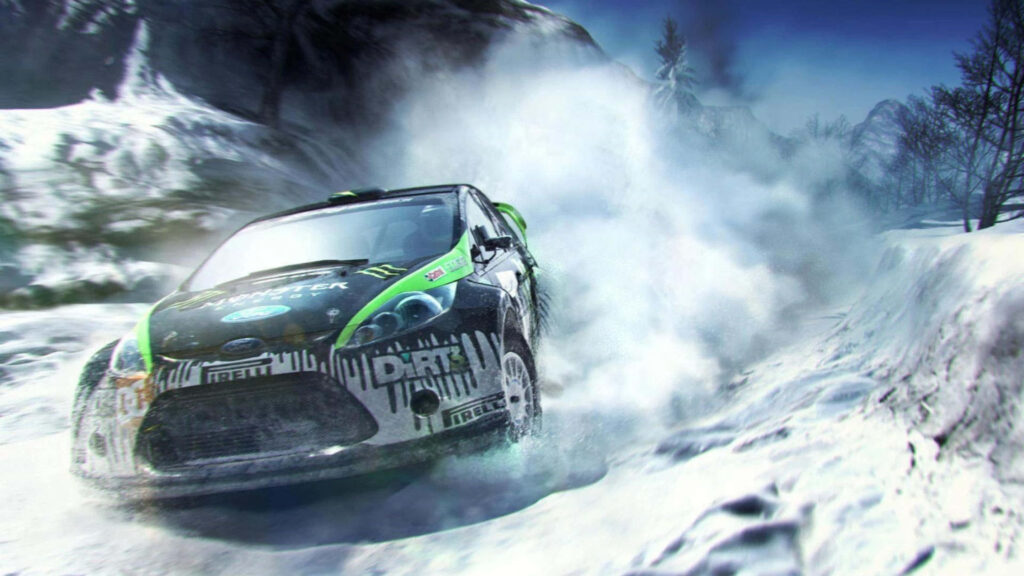 Dirt 3 Rally Car Powerfully Carving Through Snowy Landscape - High-Energy Wallpaper