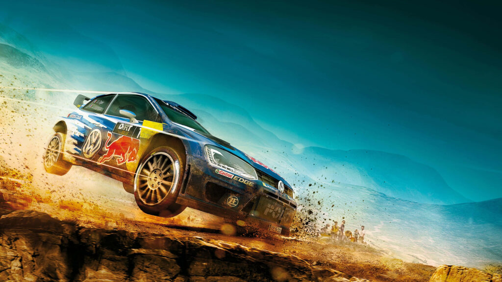 High-resolution Dirt Rally 4K wallpaper of dynamic rally car speeding on dusty rugged track