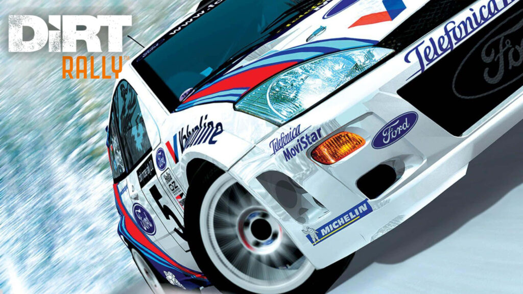 Ford rally car in mid-action with Telefonica and Michelin logos for Dirt Rally promo background Wallpaper